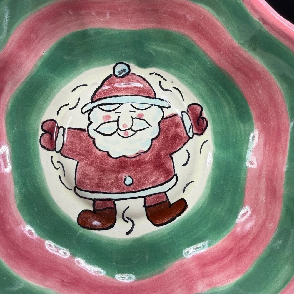 JMB‎ Mexico Hand Painted Ceramic Santa Claus Snow Angel Bowl Pink Green Striped